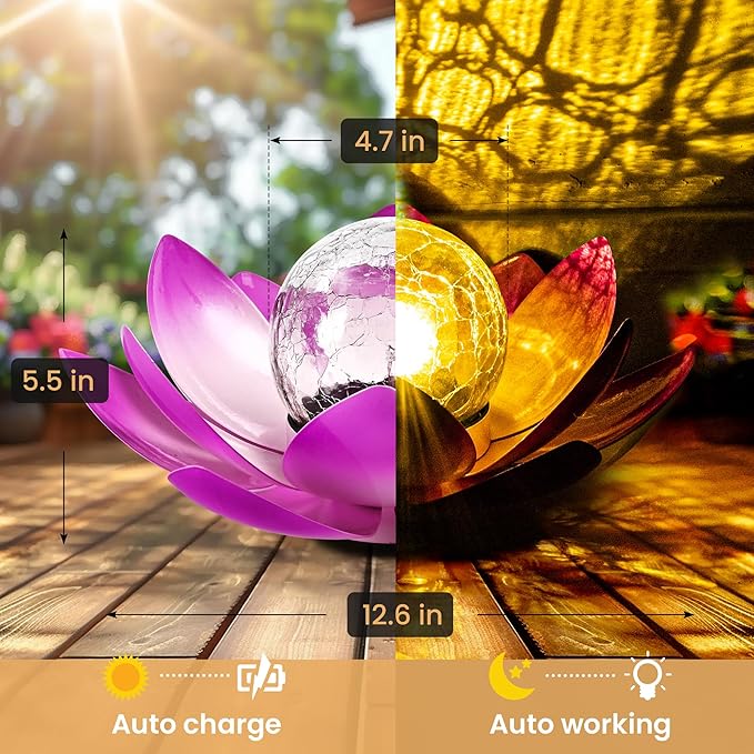 GIGALUMI Solar Light Outdoor Garden Decor, Lotus Flower Light Crackle Globe Glass Lantern Outdoor Table Decor Waterproof for Patio, Lawn, Pathway, Pool, Pond, Christmas Gift (Pink Petal)