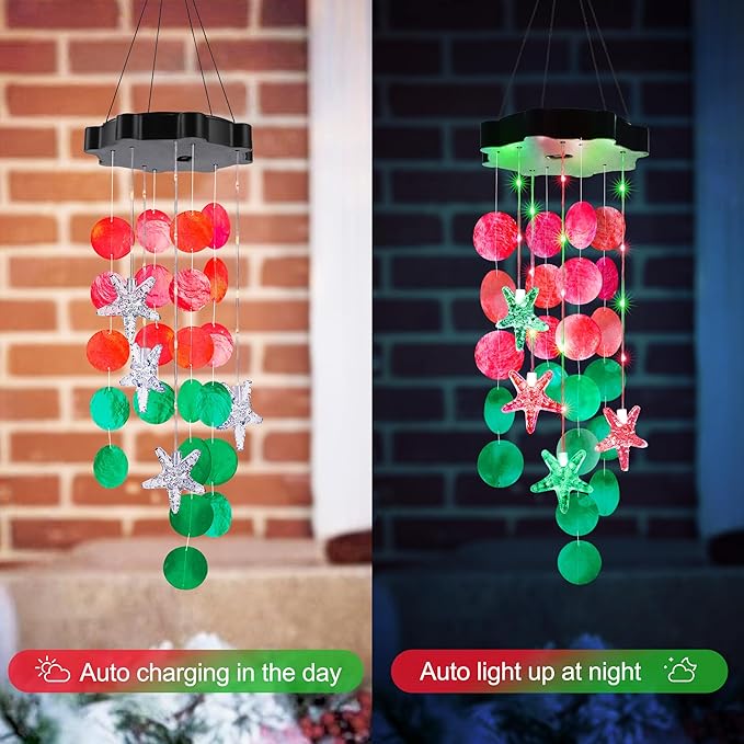 Solar Wind Chimes for Outside, Red & Green Shell Gifts for Mom Grandma Women, Waterproof Solar Outdoor Decorative Mobile Lights for Garden, Yard, Patio, Window, Party, Outdoor Decorations