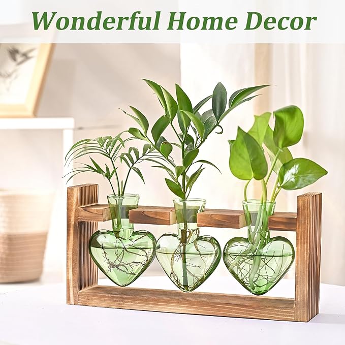 Lifecapido Heart Shaped Propagation Stations, Plant Terrarium with Wooden Stand, Plant Propagation Station for Hydroponics Office Garden Home Decor, Gifts for Women Plant Lover (3 Vases, Mint Green)