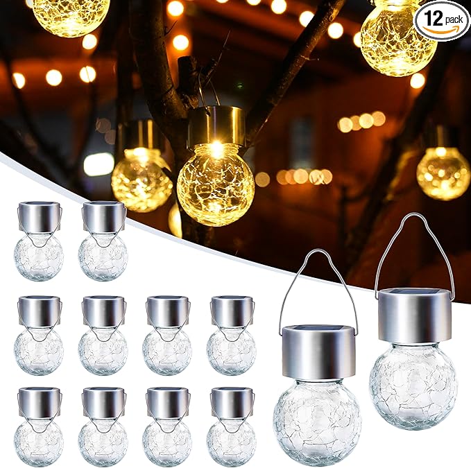 GIGALUMI Solar Lights Outdoor Waterproof ,12 Pack Solar Hanging Lights Garden Decor,Gifts for Women Mom Grandma,Solar Outdoor Lights Lantern Cracked Glass for Yard, Fence, Tree(Warm White)