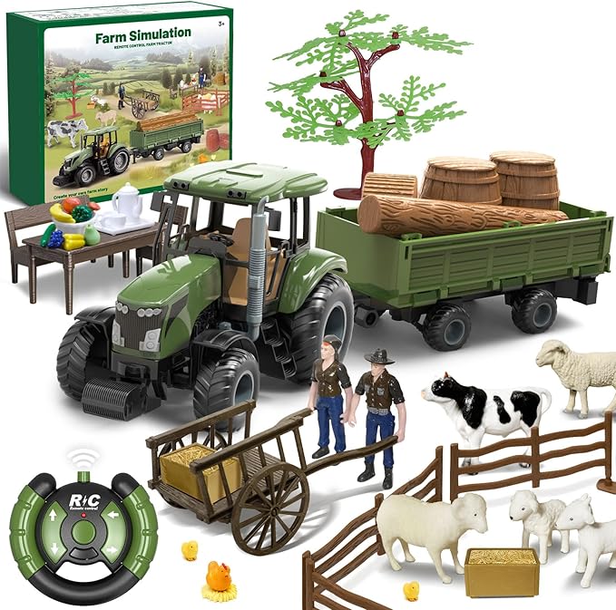 Remote Control Tractor with Trailer - Farm Toys Set Including Animals, Fruits, Vegetables, and Farmer Figures, Toddlers Farm Vehicle Toys for 3 4 5 6 7 8 9 Year Old Boys Girls Birthday Gifts