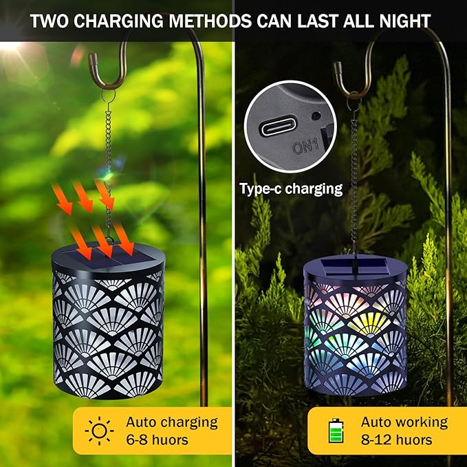 RGB Solar Lanterns Outdoor Waterproof Hanging Solar Lights Gifts for Men Women Metal Decorative LED Lanterns for Yard, Patio, Lawn, Tabletop, Pathway, Landscape, Garden Decor Fan Style(1 Pack)