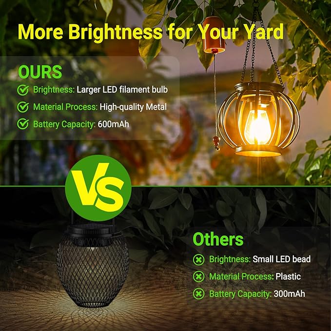 KOOPER Solar Lanterns Outdoor Lights, Upgraded Metal Solar Lantern, Brighter Hanging Solar Lights Outdoor Waterproof, Auto On/Off Solar Light for Yard Garden Patio Pathway Decor 2 Pack
