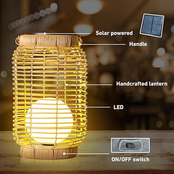 Solar Lantern Outdoor Waterproof，Large Natura Rattan Solar Lantern Hanging with Handle, Solar Powered Decorative Table Lamp for Gardens ，Patio,Yard,Porch,Trees,Lawn,Pathway Home Decoration，12Inch