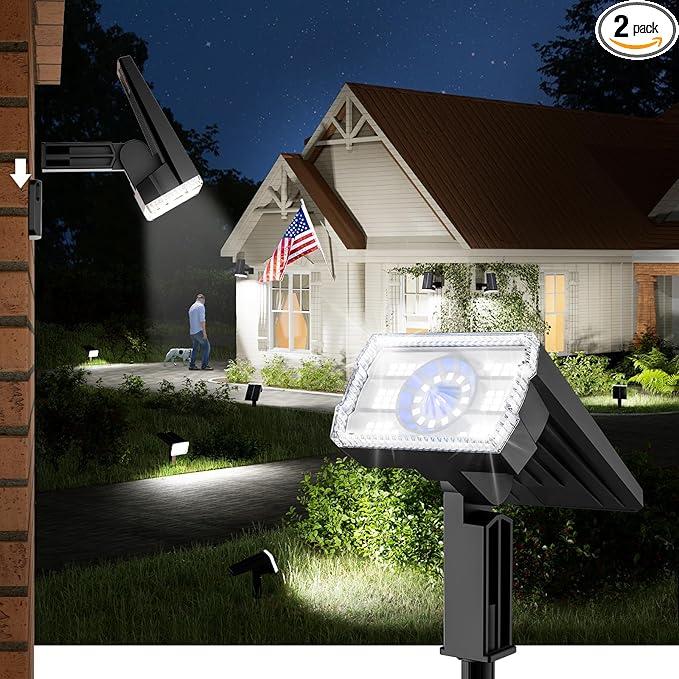 Bright Solar Spot Lights Outdoor, [58 LED/12000K/3 Modes] Solar Lights Outdoor Waterproof IP67, Auto On/Off, 2-in-1 Wall Light Flood Light for Tree Yard Garden Pathway, 2 Pack