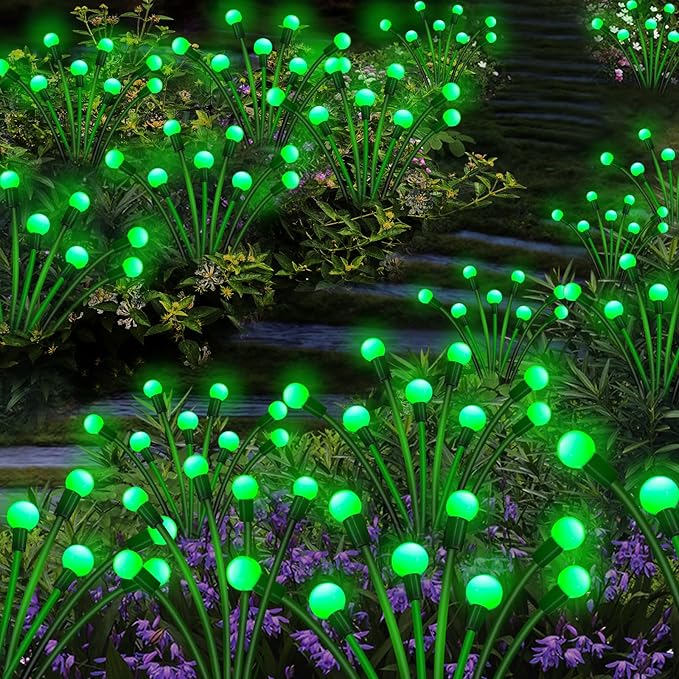 Kohlrabi Solar Garden Lights Outdoor, 4 Pack 40 LED Green Firefly Lights Waterproof, Starburst Solar Wind Swaying Light for Outside Yard Patio Planter Flower Bed Walkway Christmas Decoration