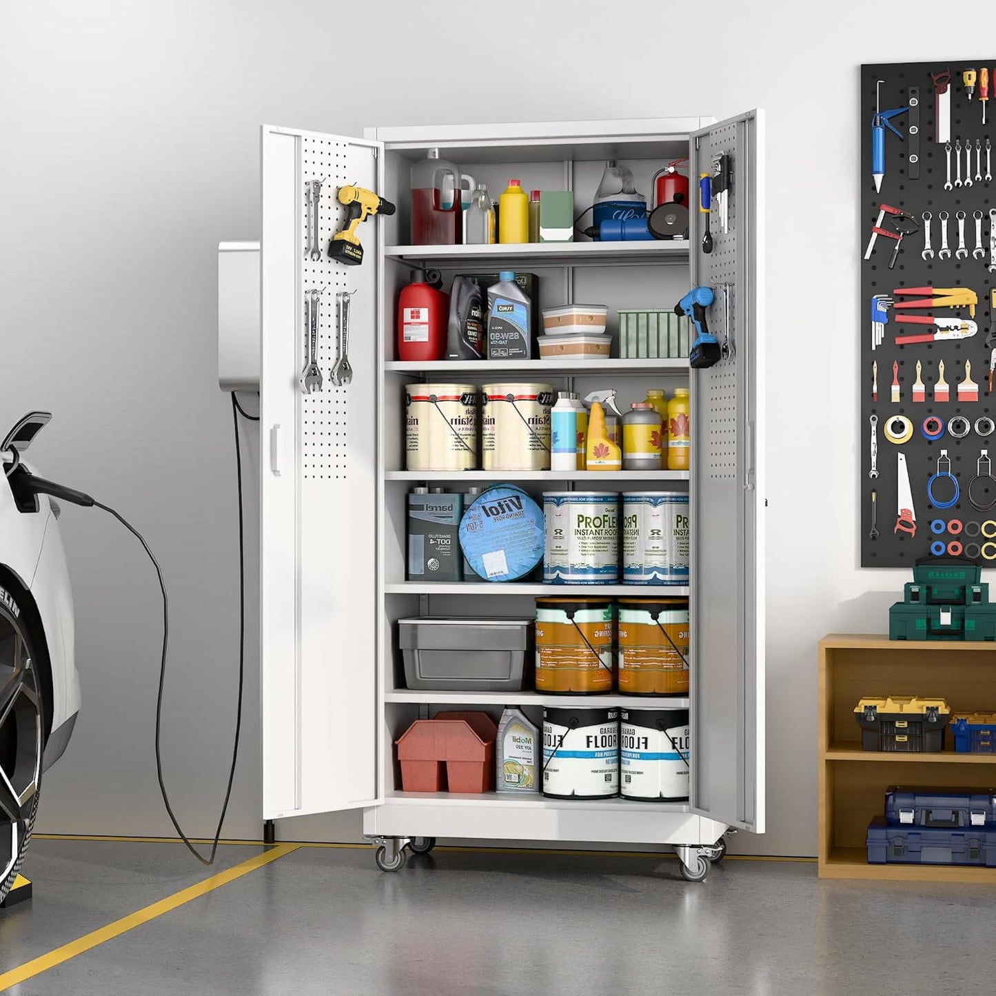 Metal Garage Storage Cabinet with Wheels & Pegboard, Lockable Metal Storage Cabinets with 2 Doors&5 Adjustable Shelves for Garage&Home,Assembly Required,White 71''H x32''W x16''D