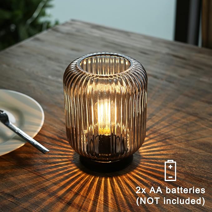 Battery Operated Lamp, Cordless Table Lamps for Home Decor, Battery Powered Nightlight with LED Bulb, Decorative Glass Beside Lamp for Bedroom Living Room-Grey