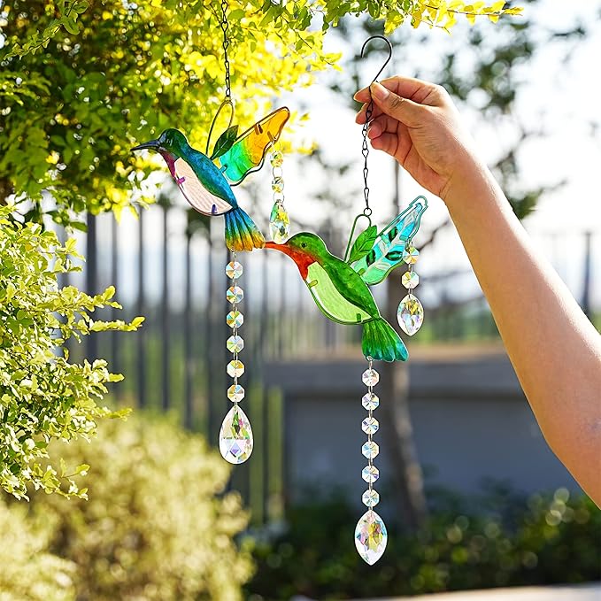 YU FENG 2PCS Hummingbird Suncatchers,Stained Glass Window Hanging Ornament,Rainbow Maker Crystal Prism Suncatcher Outdoor Indoor Home Garden Party Decoration