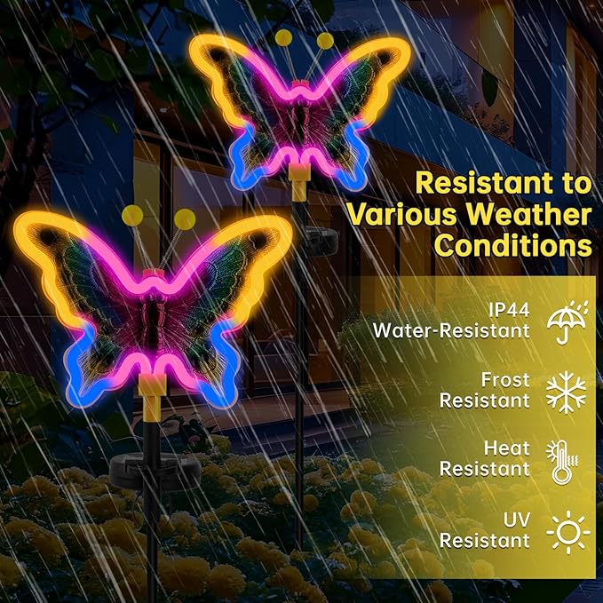 Solar Butterfly Lights,Solar Garden Decor, Outdoor Garden neon Lights,Butterfly Solar Stake Lights,Yard Patio Pathway Decoration Outdoor(Yellow, 2pack)
