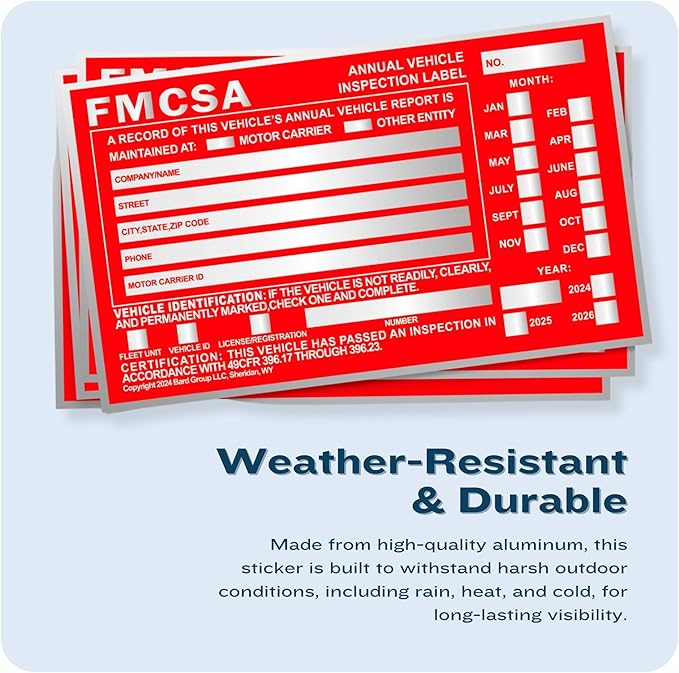 20-Pack DOT Compliant Aluminum Annual Vehicle Inspection Label – Red FMCSA Label with Punch Boxes
