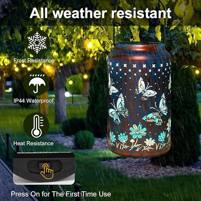 pearlstar Butterfly Lantern Outdoor Solar Hanging Lantern Waterproof Solar Light Decorative for Table Patio Yard Garden Lawn Landscape Lighting, Gardening Gifts for Women Mon (Blue)