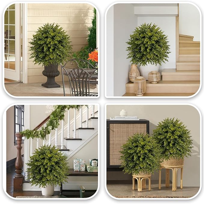 ICX 2 Set 25" Artificial Eucalyptus Topiary Ball Trees with Ground Spike,Artificial Plants Outdoor,Fake Bushes & Shrubs for Porch, Garden, Front Porch Decor - Indoor/Outdoor Faux Plants