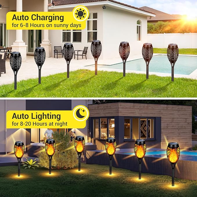 Solar Lights Outdoor, Upgraded 10 Pack Solar Torch Lights Outdoor Flickering Flame for Garden Decor, Waterproof Outdoor Lights Solar Powered, Tiki Torches for Outside Yard Patio Pathway Decor