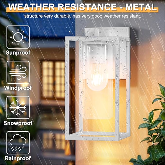 15.7 Inch Outdoor Wall Lights, White Outdoor Wall Lantern with Square Clear Glass Shade, Waterproof Exterior Lighting Fixtures, Modern Front Porch Lighting for House, Garage, E26 Base, ETL Listed