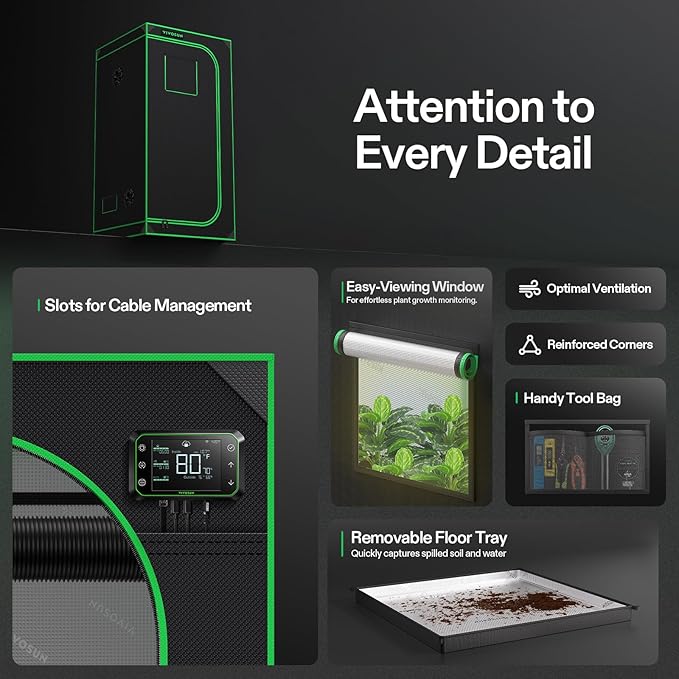 VIVOSUN S336 3x3 Grow Tent, 36"x36"x72" High Reflective Mylar with Observation Window and Floor Tray for Hydroponics Indoor Plant for VS2000/VS3000