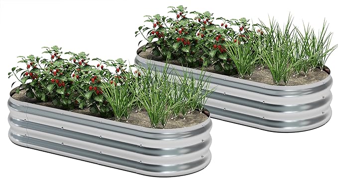 KFN 2pcs Galvanized Raised Garden Bed,Raised Garden Bed Kit-Oval Metal Flower Box,Large Planter Vegetable Box Outdoor,Planting for Vegetables,Flower,Herb,5FT,0.7mm