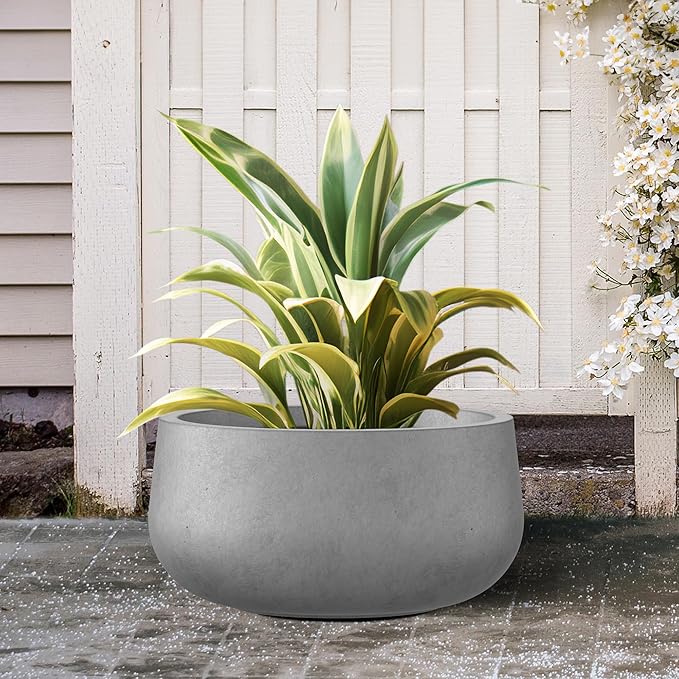 Kante 15.7" Dia Round Concrete Planter, Outdoor Indoor Garden Plant Pots with Drainage Hole and Rubber Plug, Modern Curvaceous Design, Natural Concrete