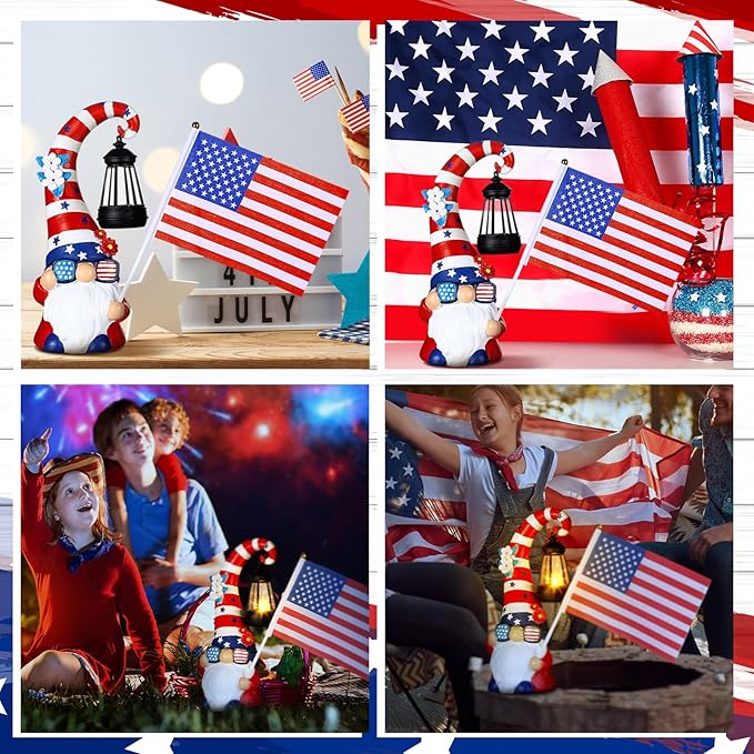VIHOSE 11.8 Inch 4th of July Patriotic Solar Gnomes Statues USA Solar Gnome Outdoor Figurine Lights for Outside Lawn Ornaments Garden Porch Patio Balcony Yard Fourth of July Gifts for Mom Women