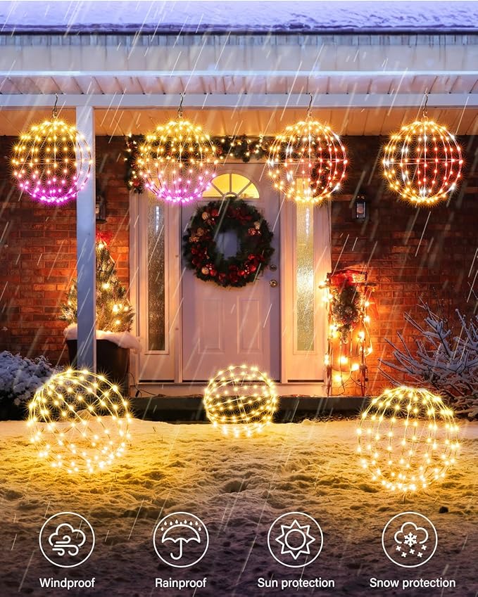 Smart RGB Outdoor Hanging Ball Lights - 11.8 inch 108LED Outdoor Color Changing Decorations Lights,Bluetooth APP Remote Control Dimmable Waterproof Globe Fairy Lights 1 Pack
