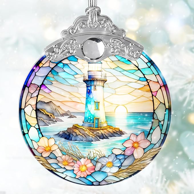 Stained Glass Suncatcher, Jocidea Lighthouse Ornament, Christmas Ornaments, Holidays Ornaments, Christmas Tree Decor, Lighthouse Decor for Home, Lighthouse Gifts