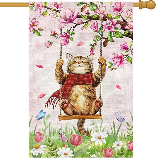 Heyfibro Spring Cute Cat Welcome Garden Flag 28x40 Inch Double Sided Burlap, Summer Magnolia Butterfly Flower Floral Yard Banner for Seasonal Holiday Farmhouse Outdoor Decor(ONLY FLAG)