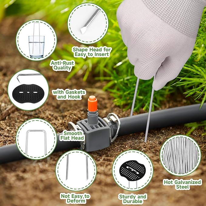 Landscape Staples Set,6 Inch 11 Gauge 20pcs Galvanized Garden Stakes + 20pcs Gaskets + 1Pick Hook,U-Shaped Tent Stakes Landscaping Fabric SOD Pins for Weed Fabric Barrier,Groud Cover,Fence