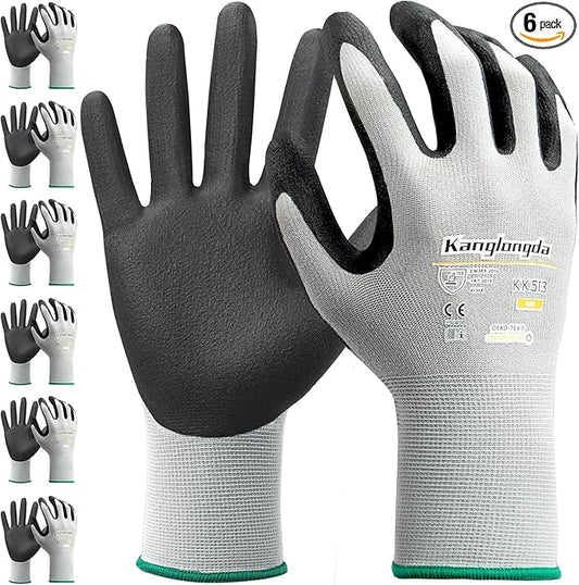 6-Paris XL Work Gloves for Men and Women, Nitrile Coated Safety Protective Gloves with Grip, Ideal for Gardening, Warehouse, Mechanic, Light Duty Construction Work