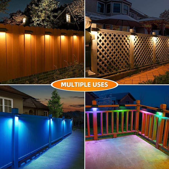Aulanto Solar Fence Lights 8 Pack-Plus,100 Lumen Big Outdoor Solar Light IP65 Waterproof, Warm White and 10 RGB Modes,Fence Lights Otdoor Solar Lighting for Backyard,Garden,Fence,Wall,Deck,Stairs.