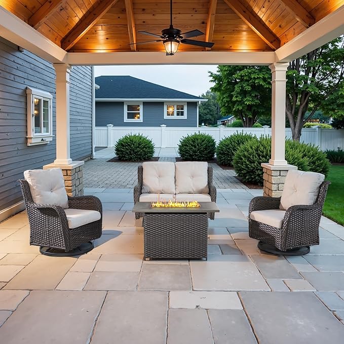 4 Piece Patio Furniture Set with Fire Pit Table - 41inch 50000 BTU Propane Fire Pit Table with High Back Loveseat Glider Chair and 2 Swivel Rocker Chair for Casual Gathering