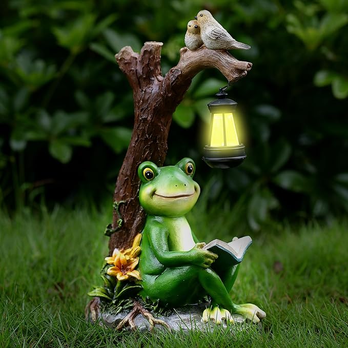Outdoor Funny Frog Statue, Resin Reading Frogs Garden Decor, Solar Frog Gift Sculpture Decoration for Home Patio, Yard, Lawn, Porch, Ornament