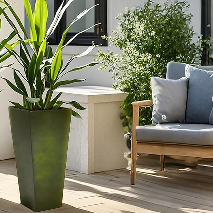 KOL 28''H. Tall Metal Planter with Saucer, Galvanized Steel Glazed Planter Pots with Drainage Hole for Indoor & Outdoor Use, Set of 2, Decorative Flower Plant Pots for Front Porch, Patio, Deck - Green