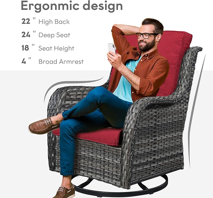 5 Piece Outdoor Patio Furniture Set - Wicker Furniture Patio Conversation Set, Outdoor Swivel Rocker Chairs with Loveseat Sofa and 2 Ottomans for Small Space, Red Cushion