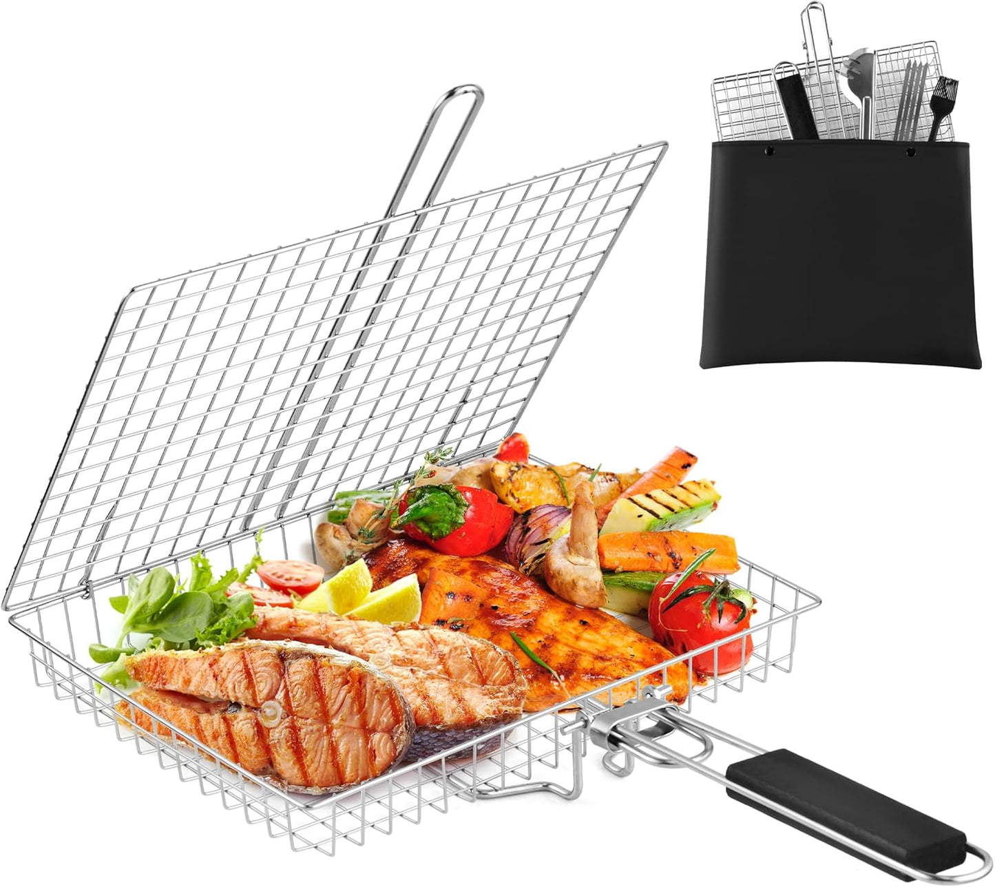 Pleafind Grill Basket Set - 8 PCS, Portable BBQ Grilling Basket with Removable Handle, Stainless Steel Grill Baskets for Outdoor Grill, Includes Silicon Brush, Steel Clip and 4 Skewers