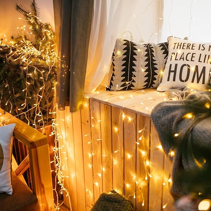 KNONEW Christmas String Lights Indoor Plug in,50FT 150LED Outdoor Waterproof Fairy Lights,8 Lighting Modes,Timer Memory Function for Bedroom Patio Balcony Party (Warm White)