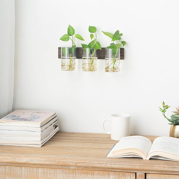 Mkono Propagation Station Wall Planter Glass Cylinder Vase Hanging Terrarium for Hydroponics Plant Cutting Indoor Outdoor Decor Brown, Plant Lover Gift