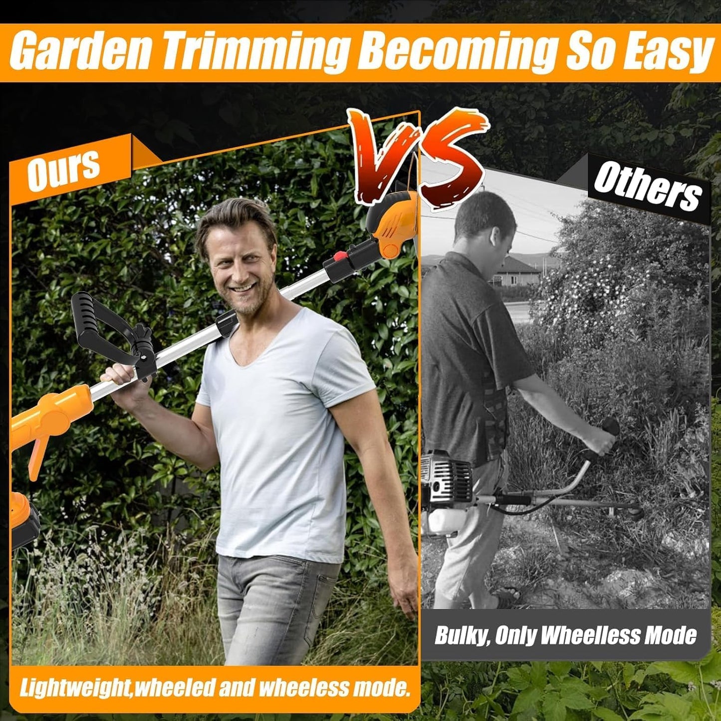 Electric Weed Wacker Cordless Eater, Battery Powered No String Grass Trimmer with 2 21V/4Ah Battery Operated&3 Types Blade&Wheels, Lightweight Weed Trimmer/Edger Lawn Tool for Garden Yard