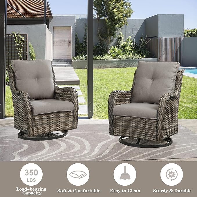 5 Piece Outdoor Patio Furniture Set - Wicker Furniture Patio Conversation Set, Outdoor Swivel Rocker Chairs with Loveseat Sofa and 2 Ottomans for Small Space, Gray Cushion