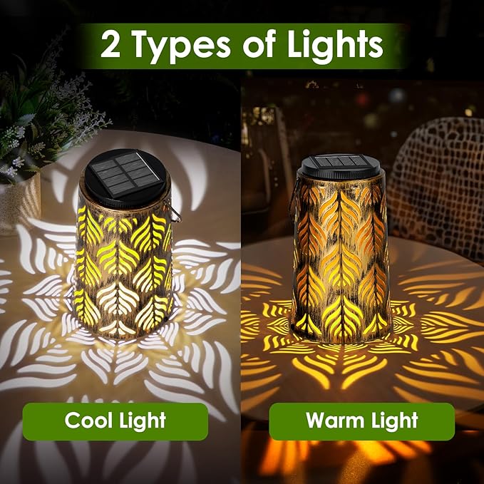 Palm Leaves Outdoor Solar Lantern w/2 Color Temperatures, Waterproof Solar Lights, Hanging Yard Lights Decor for Garden Patio Wedding Party, Grandma Mothers Day Gift for Mom Women Wife Friends