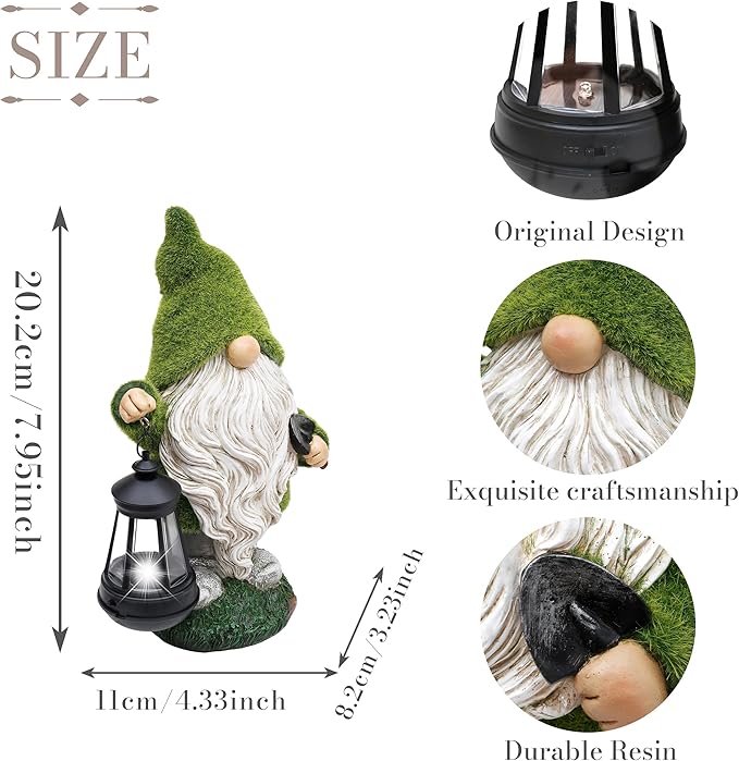 TERESA'S COLLECTIONS Christmas Outdoor Statue for Home, Resin Gnome Decorations with Solar Outdoor Lights for Garden Decor,Green Garden Sculptures & Statues for Front Patio Lawn, Gifts for Mom,8"