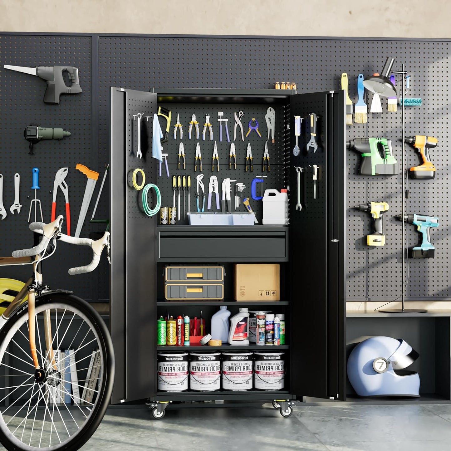 Aobabo Metal Storage Cabinet with Wheels and Adjustable Pegboard, Steel Rolling Tool Cabinet with 16 Hooks and 1 Interior Drawers for Garage, Home, Office, Kitchen, Black, Assembly Required