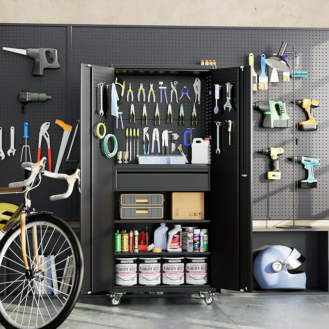 Metal Garage Cabinet with Wheels,71''H Rolling Lockable Steel Tool Cabinet with Pegboard & 1 Drawer for Garage,Home,Office Assembly Required,Black/Red