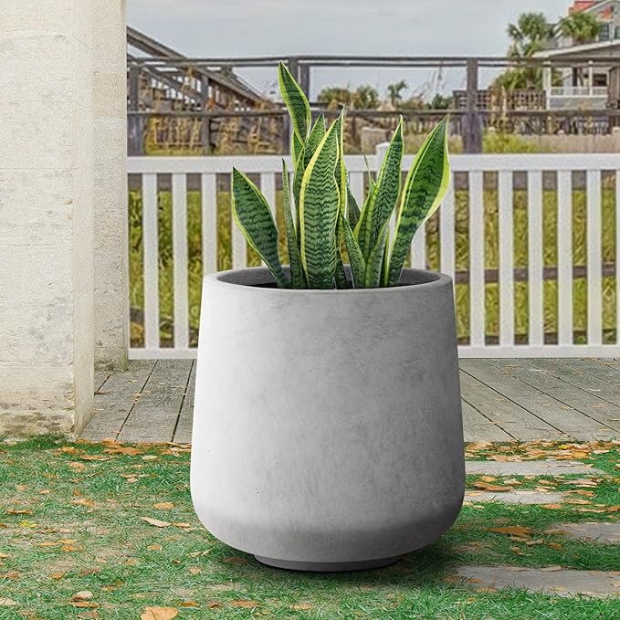 Kante 15.3" Dia Round Concrete Planter, Outdoor Indoor Large Plant Pots Containers with Drainage Hole and Rubber Plug for Home Garden Patio, Natural Concrete