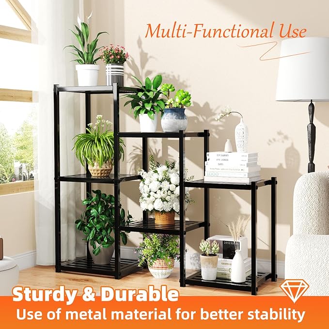 Simple Trending Plant Stand Indoor Outdoor, Heavy Duty Metal Waterproof 7 Tiered Plant Shelf for Multiple Flower Planter Holder Tall Large Rack, Black