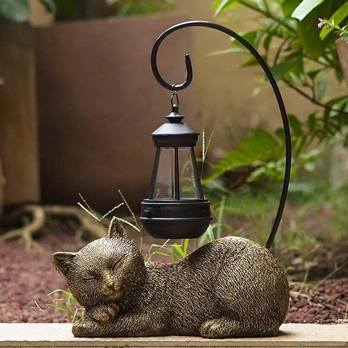 Solar Garden Statue Cat Figurine, 13 Inch Tall Garden Cat Statues Art with Solar Lantern, Loving Cat Statues for Patio, Balcony, Yard, Lawn and Porch, Unique Housewarming Gift for Garden Mom Grandma