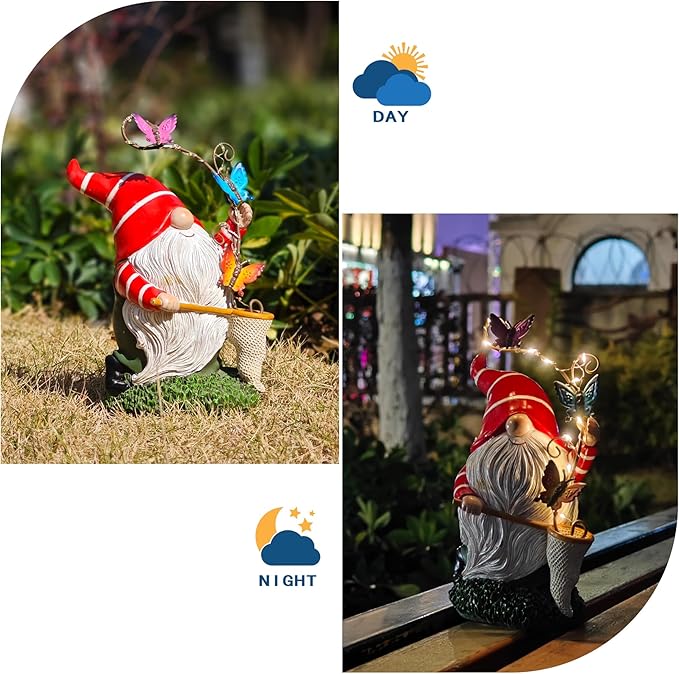 Solar Powered Gnome Garden Statue with Iron Butterflies - LED Lighted Garden Decorations, Resin Gnome with Butterfly Net, Gifts for Women and Men，Outdoor Decor Ornaments for Outside