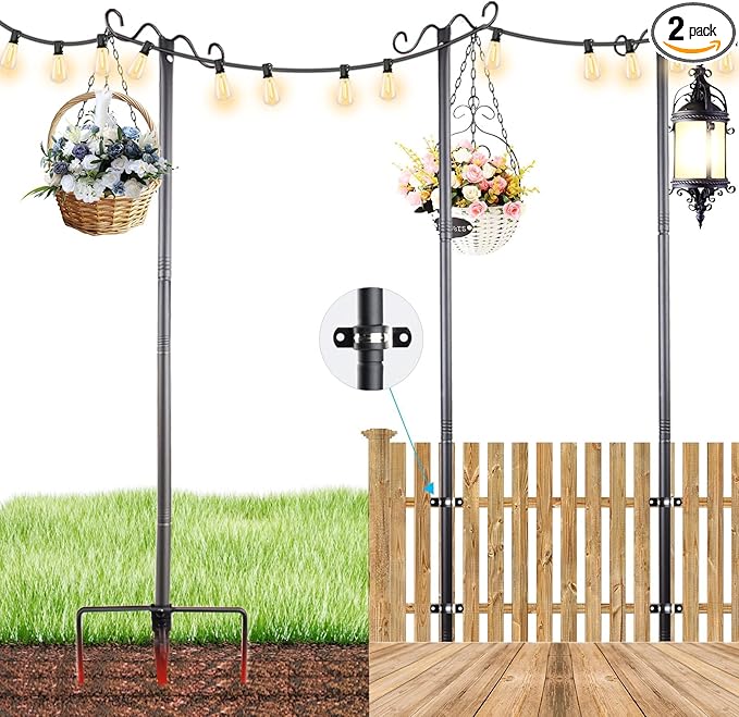 Outdoor String Light Poles, 9FT Metal Patio Light Poles Post for Outside with Fork for Outside Hanging Backyard Garden, Deck Lighting Stand for Parties, Wedding, Halloween Party Decor -2Pack