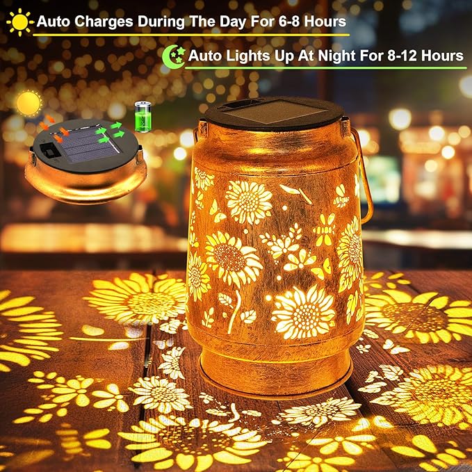 Sunflower Solar Lanterns Garden Decor, Birthday Gifts for Women Mom Grandma Metal Hanging Solar Lights Waterproof Outdoor Decoration LED Lanterns with Shepherd Hook for Outside Garden Yard Patio