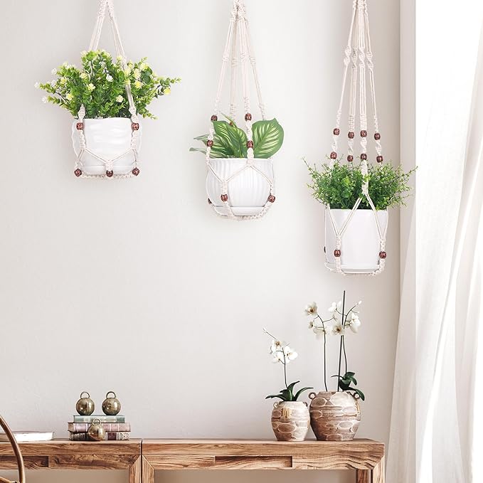 YIBOT 3 Pack Macrame Plant Hanger Indoor Hanging Planter Basket with 3 Hooks Flower Pot Holder No Tassels for Boho Home Decor 35"/29"/23"