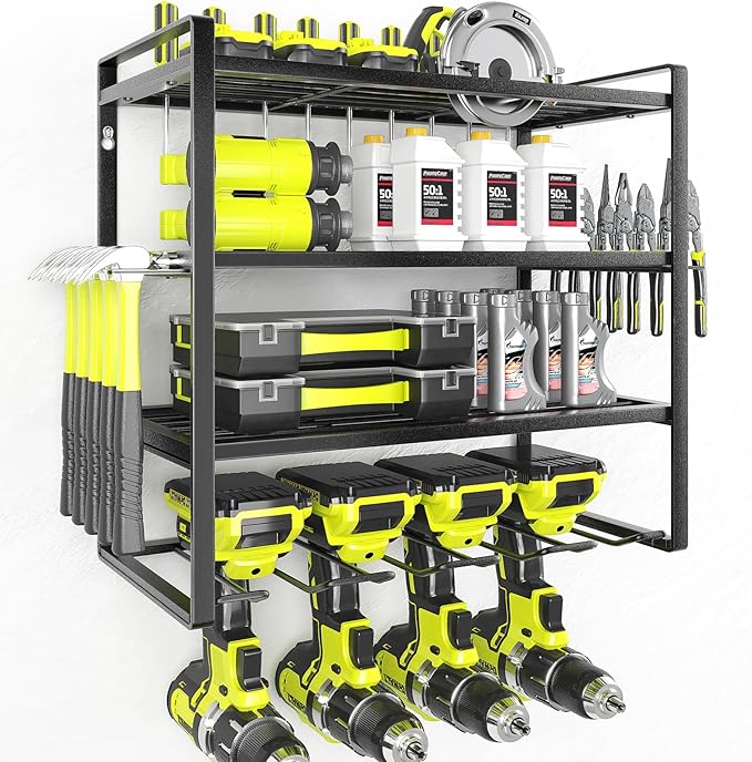 KAFAHOM Power Tool Organizer, Garage Tool Organizers and Storage,Drill Holder Wall Mount, Storage Rack for Cordless Drill, Heavy Duty Tool shelf with Screwdriver Holder/Pliers Holder/Hammer Holder